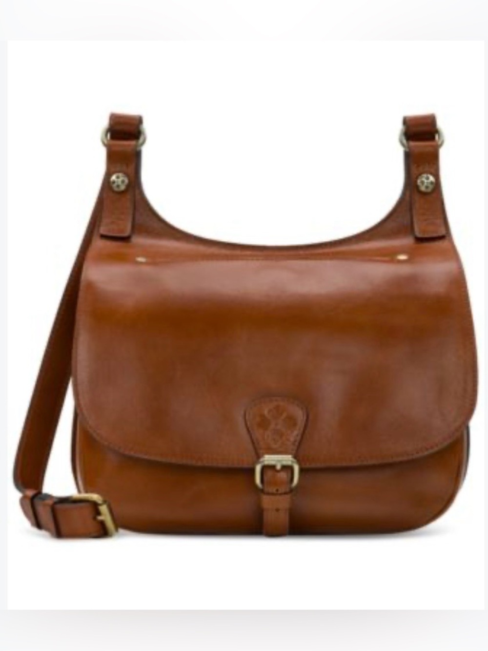 Patricia Nash London Smooth Leather Saddle Bag. Measures 10” tall and 12” wide.